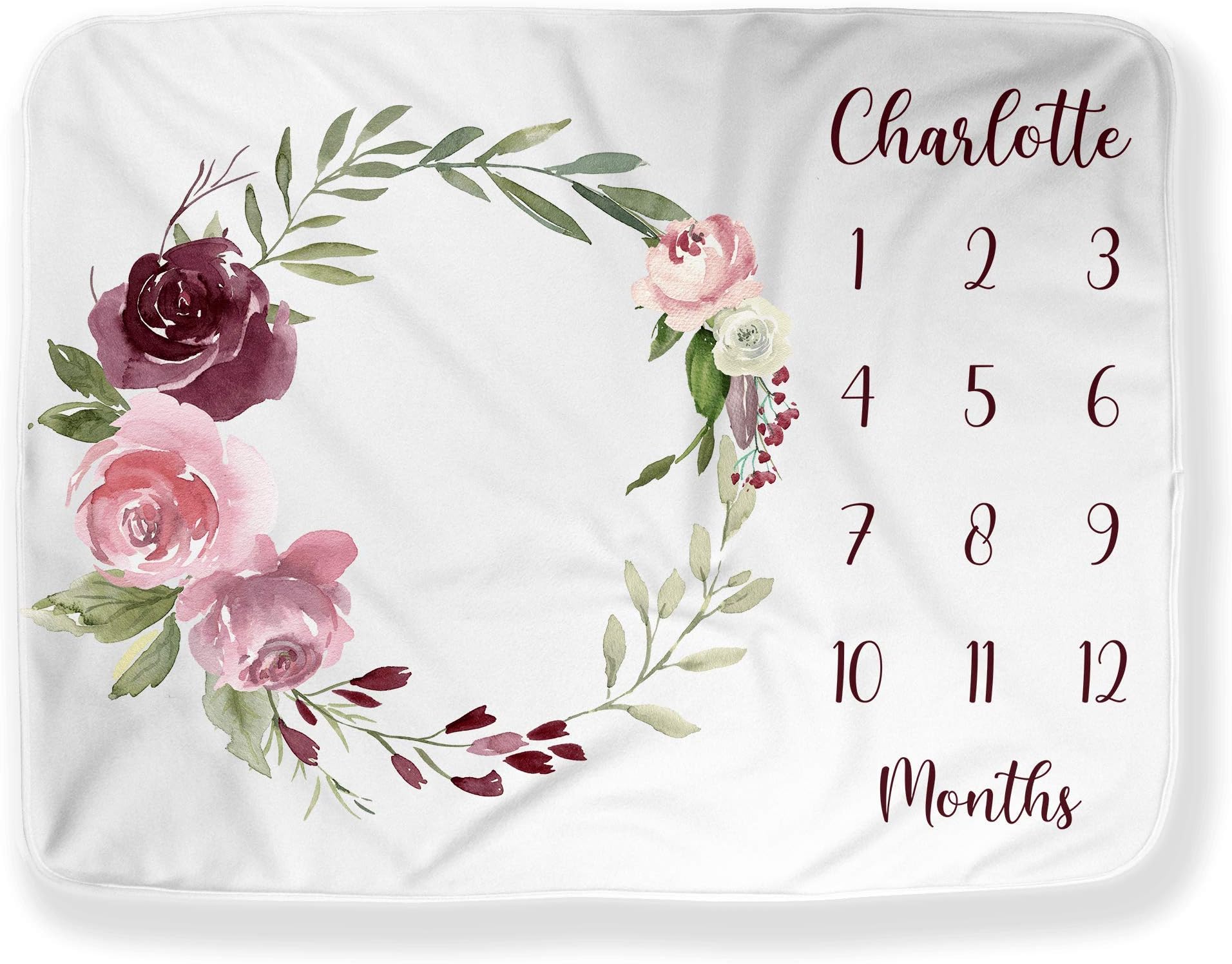 Floral Wreath Baby Monthly Milestone Blanket Girl, Small 40"x30" Infant Month Blankets, Personalize Name Track Growth, Calendar Photography Prop Mat, Shower Registry (Burgundy Flowers)