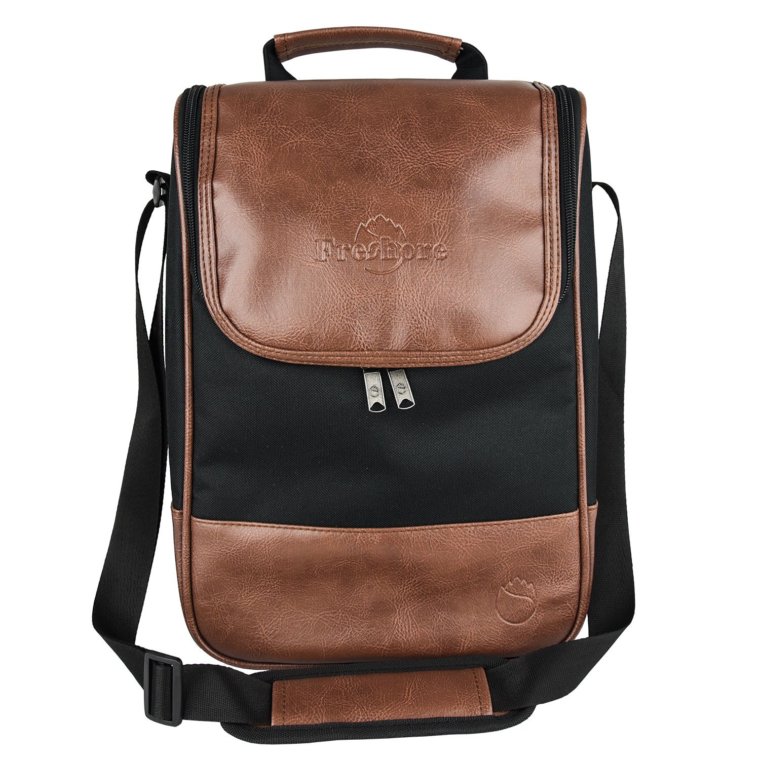 Frehore Wine Leather Tote Cooler Insulated Bag - Luxury 2 Bottle Carrier Design For Lunch/Travel - Idea Gift For Women/Man (Corkscrew Opener Storage, Dark Brown) — image 1