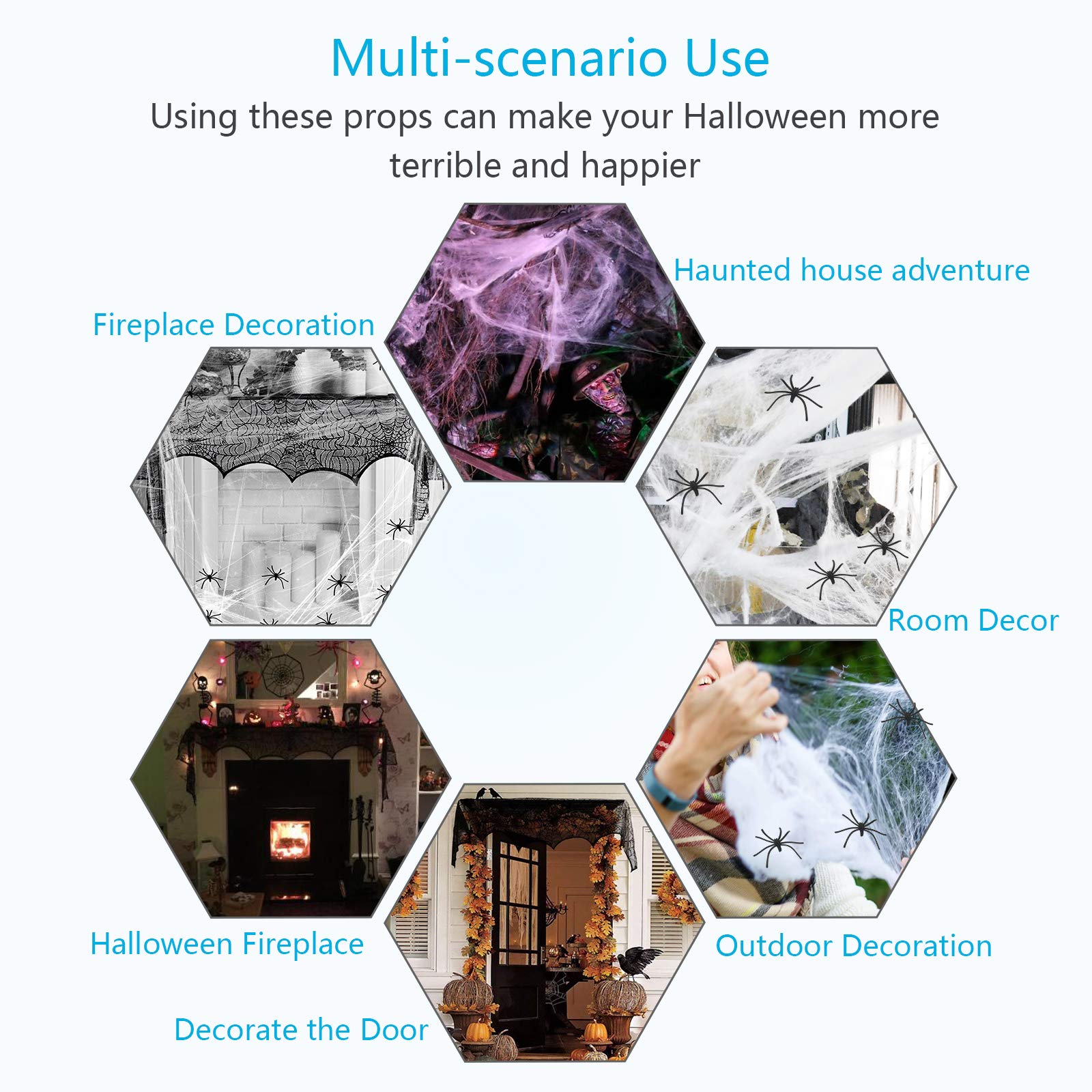 KATOOM 2pcs Halloween Spiderweb Cobweb Fireplace Decoration Black & White Spider web Lace Tablecloth with 30pcs Fake Spiders for Horror Themed Party Haunted House Window