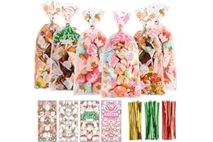 LOKIPA Easter Cellophane Treat Bags, 4 Styles Easter Cellophane Sweet Gift Candy Goody Bags 120pcs with Ties for Easter Party Favor