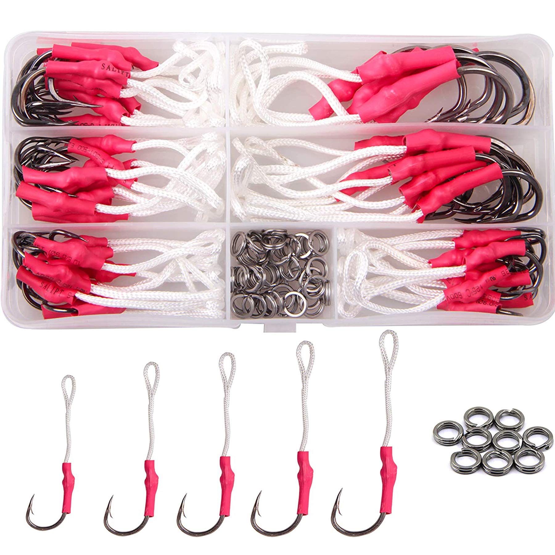 106pcs Fishing Assist Hooks Tackle 420 Stainless Steel Jigging Assist Fishing Hooks Kit with Strong PE Line Split Rings