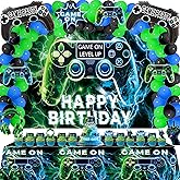 NEW Video Game On Theme Party Supplies Sett: Decorations with Happy Birthday Gaming Backdrop, Game Table Covers ,Hanging Swirls , Cake Topper, Foil Gamer Balloons, Multi-Color Balloons
