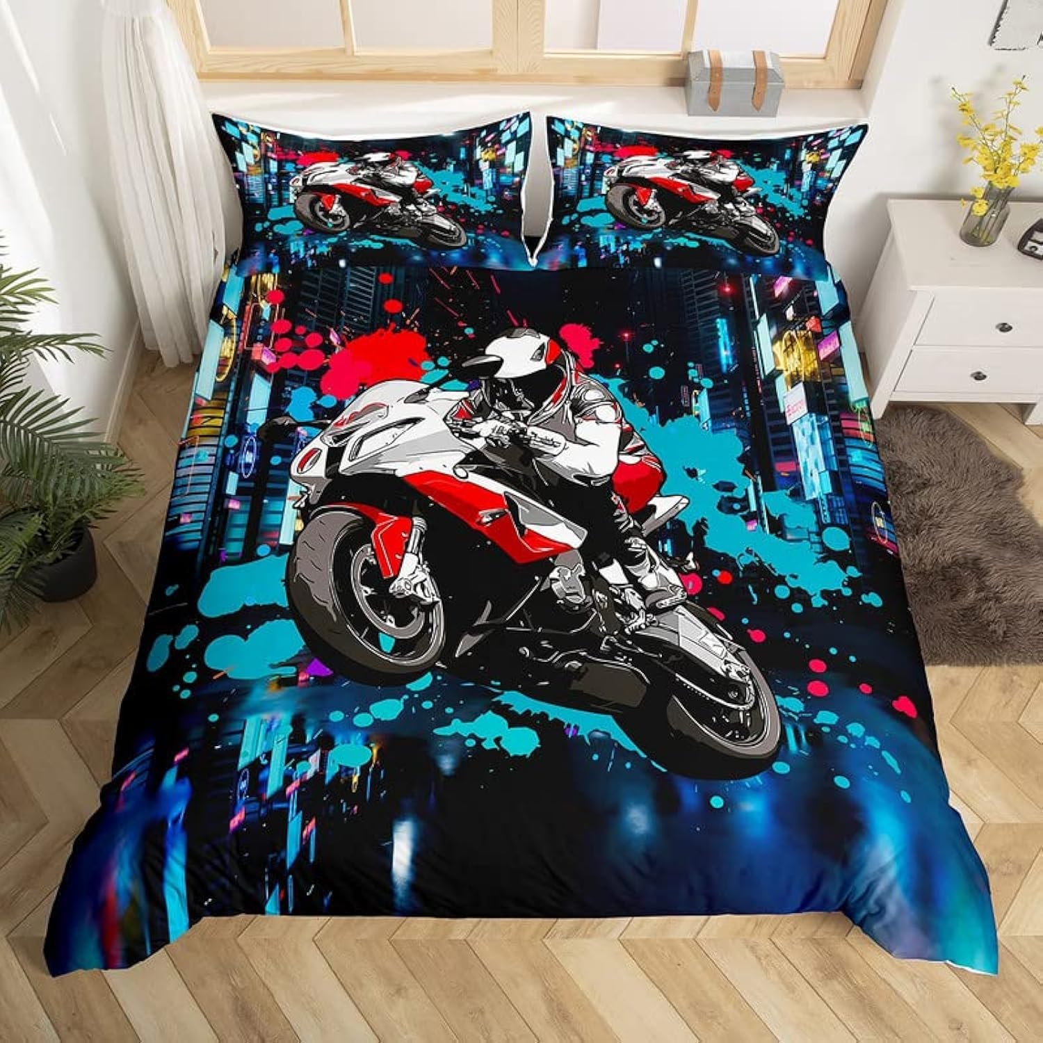 Blue Graffti Dirt Bike Bedding Set for Girls Boys Racing Motocross Rider Comforter Cover Extreme Sports Duvet Cover Motorbike Bedspread Cover King Size 3Pcs