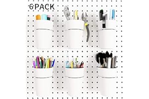 Kuhome 6 Sets Pegboard Hooks with Pegboard Cups, Ring Style Pegboard Bins with Rings, Pegboard Cup Holder Accessories for Organizing Storage (White)