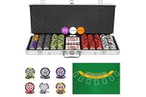 ORIENGEAR Poker Chip Set with Denominations, 500 PCS 14 Gram Clay Composite Casino Chips with Aluminum Case, 2 Decks of Cards and Game Tablecloth, for Texas Holdem Blackjack Gambling Games
