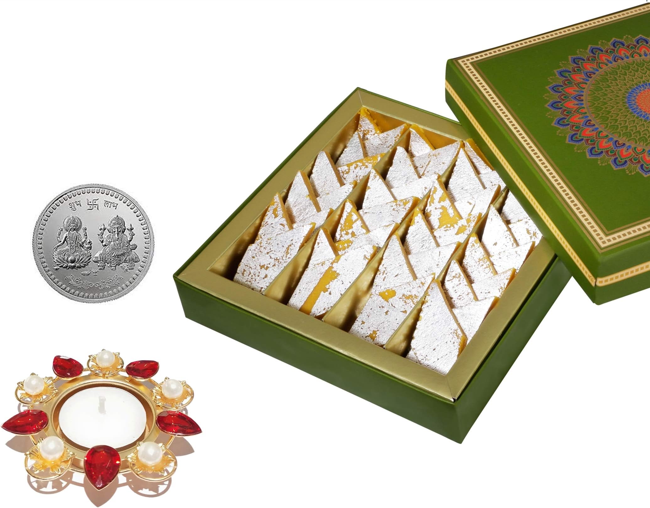 Ghasitaram's - Indian Diwali Festive Gift Box - Diwali Special Kesari Kaju Katlis with Silver Plated Coin and Diwali Designer Diya, Traditional Indian Sweets in Gift Box