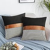 Set of 2 Farmhouse Decor Stripe Patchwork Black Linen Throw Pillow Covers,Modern Tan Faux Leather Accent Pillow Covers 18x18 inch,Navy Blue Stripe