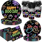 Neon Black Halloween Paper Plates and Napkins,144Pcs Halloween Party Decorations Tableware Spooky Pumpkin Ghost Paper Plate Napkins Cups Forks for Happy halloween Birthday Party Supplies