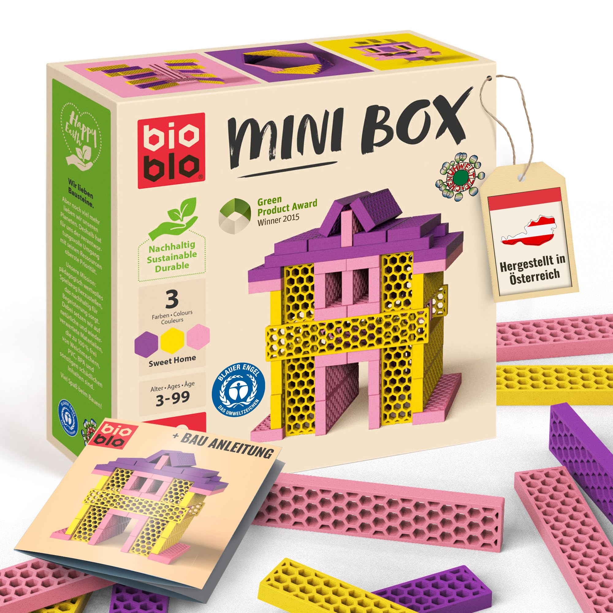 bioblo Mini Box Sweet Home Mix 40 Pieces, Sustainable Building Blocks for Children from 3 Years, Colourful Wooden Building Blocks Children's Toy, STEM Montessori Toy for Stacking & Balancing Games — image 1