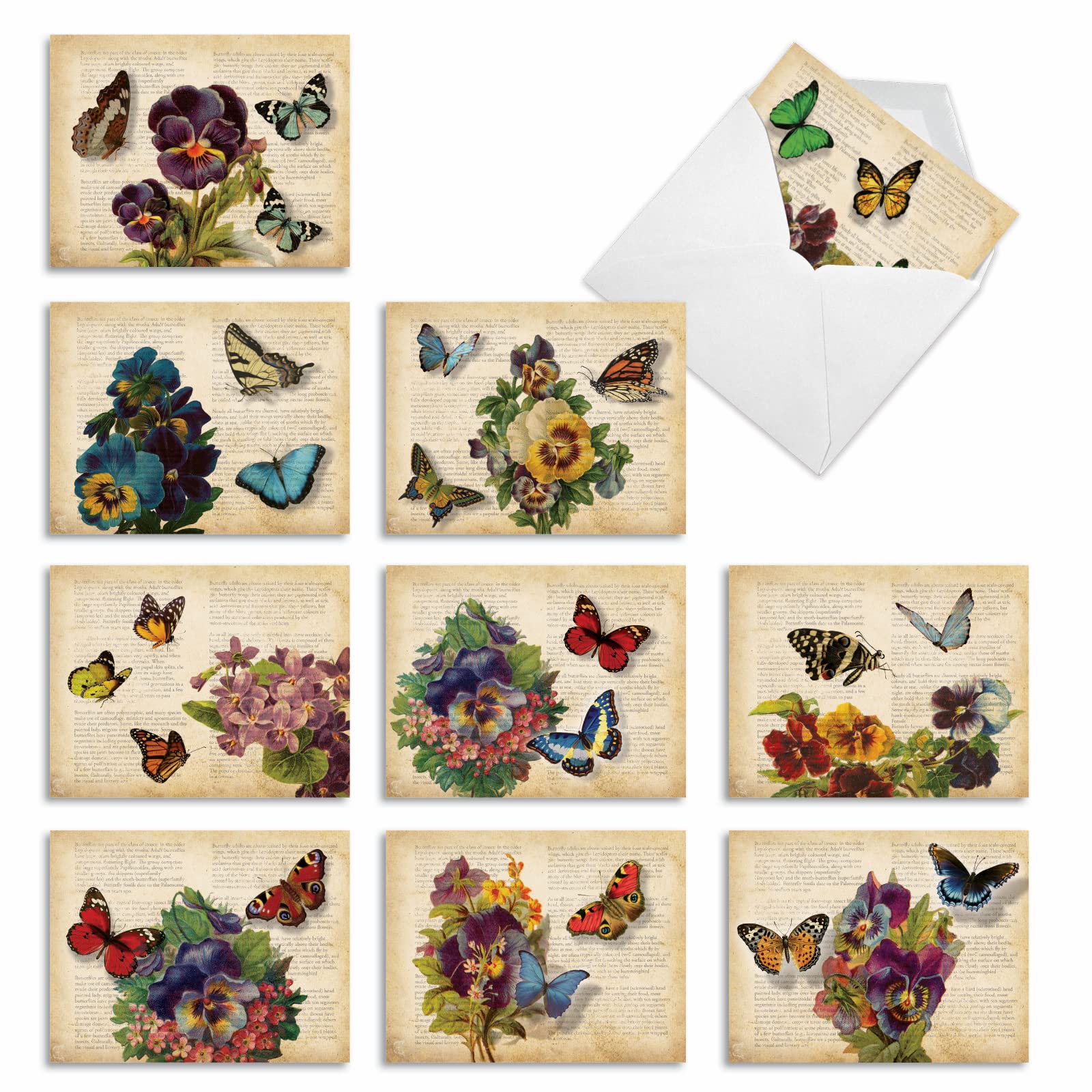 M6477TYG Fluttering Words: 10 Assorted Thank You Note Cards Featuring Collages of Vintage Pansy and Butterfly Images with Antiqued Book Pages, w/White Envelopes.
