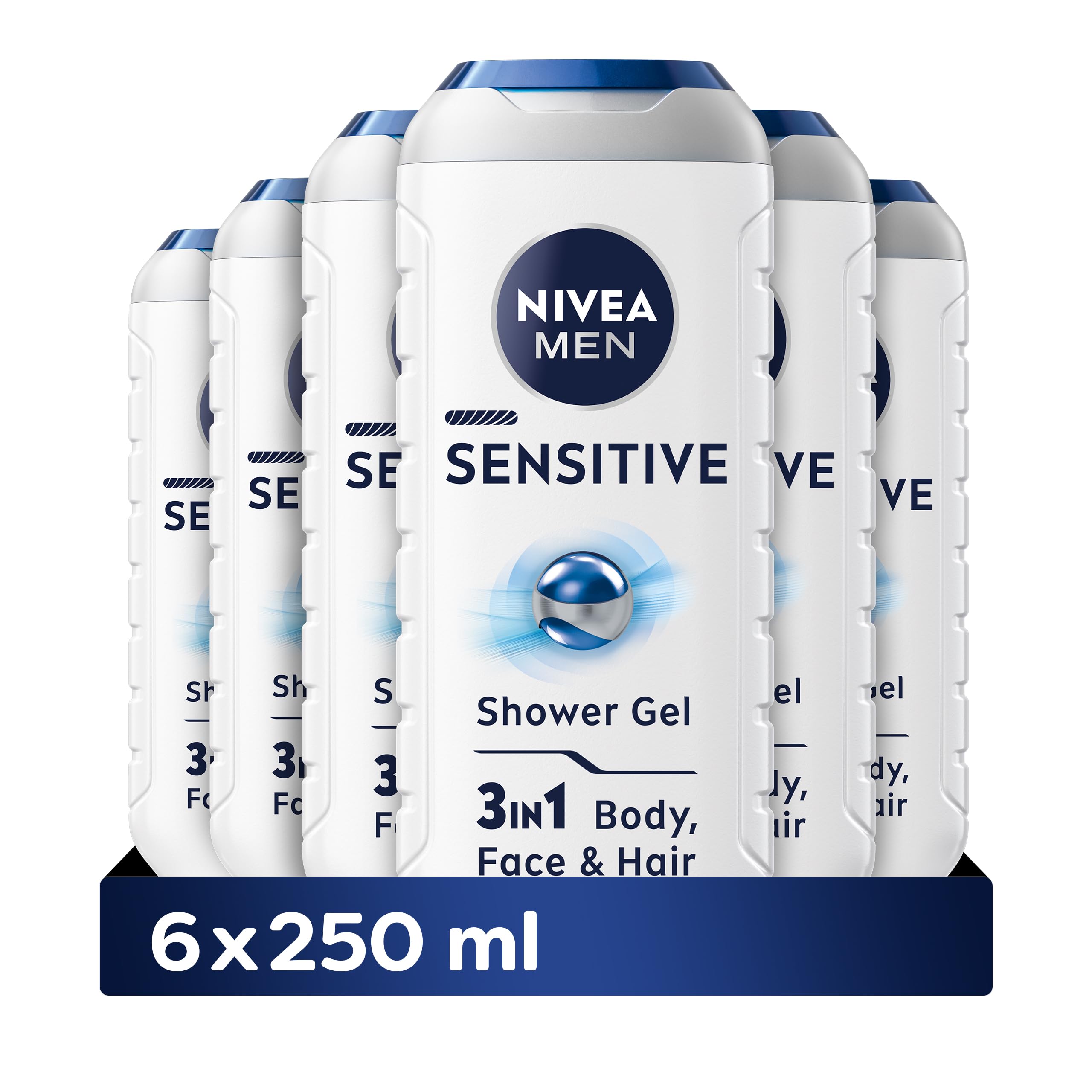 NIVEA MEN Sensitive Shower Gel Pack of 6 (6 x 250 ml), Alcohol-Free Sensitive Skin Body Wash, Gentle Shower Gel Men with Bamboo Extract, Body Wash for Men with Irritated Skin