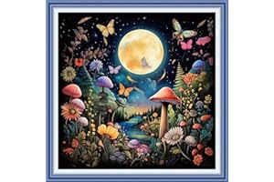 Joyhoor Cross Stitch Kits for Beginners Stamped Cross-Stitch Supplies Needlework preprint Embroidery Kits for Adults DIY Needlepoint Kits Embroidery Patterns 11CT-Mushroom Moon 18.x18 inch