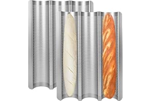 Barlket Baguette Pans, Silver Baguette Tray Perforated for Baking Crisp French & Italian Bread, 2 Pcs Nonstick French Bread B