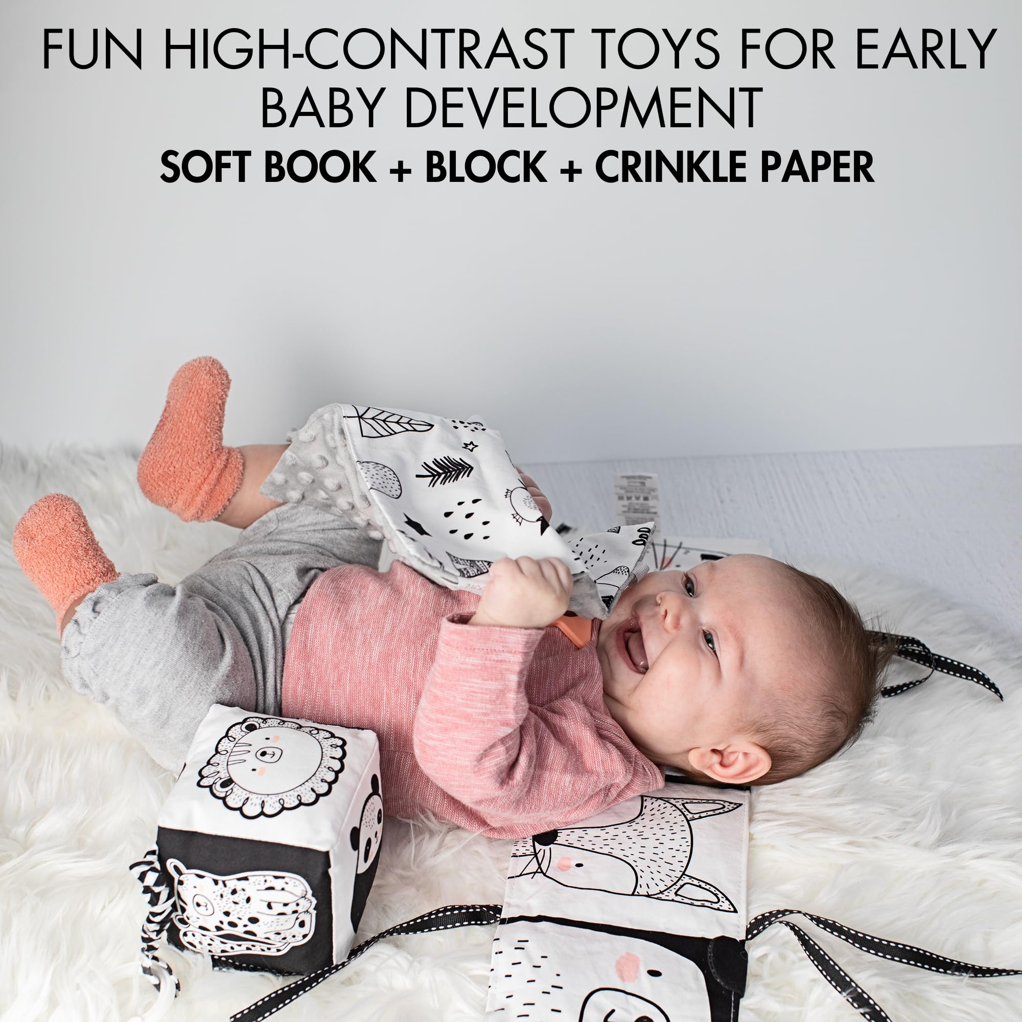 ZICOTO High Contrast Tummy Time Toys Bundle - Stimulating Black & White Sensory Development Toys for Newborns & Infants 0-3, 0-6 Months