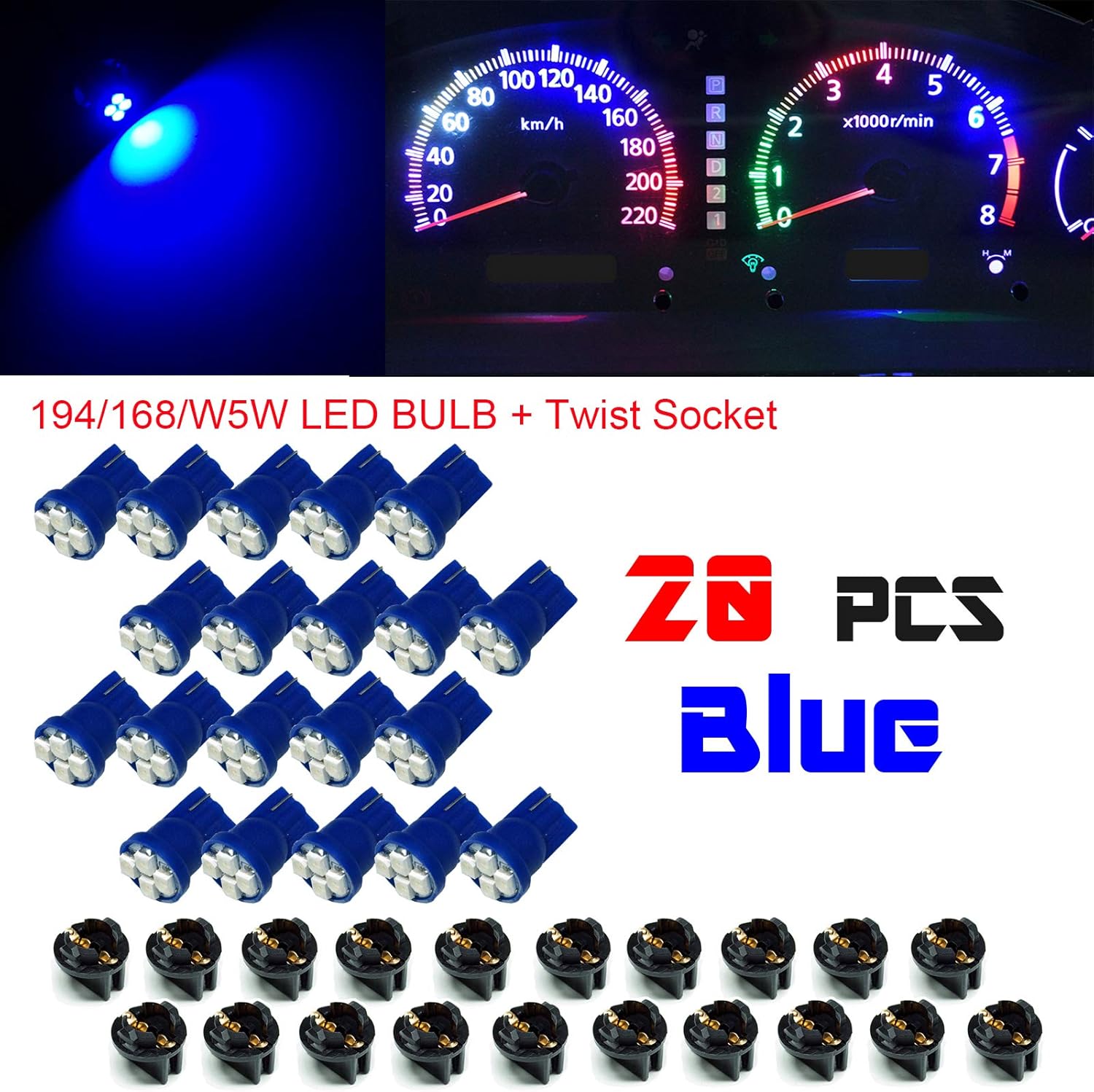 PA 20x T10 168 194 Led instrument Panel Dash Light Bulb 1/2" Twist Lock Socket -12V (Blue)