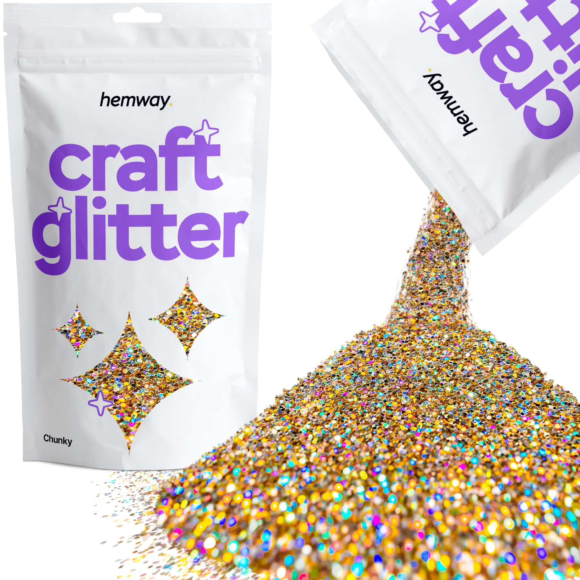 Hemway Craft Glitter Gold Silver Holographic 100g Chunky Glitter for Crafts, Resin, Cosmetic, Nail, Face, Body, Festival, Tumblers, Art, Candle, Crafting