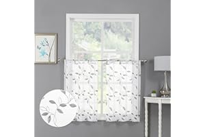 Tollpiz Grey Leaf Sheer Tier Curtain Leaves Embroidered Kitchen Curtains Rod Pocket Voile Bathroom Window Treatment for Cafe, 30 x 36 inches Long, Set of 2 Panels