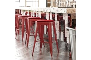 EMMA + OLIVER Kam 30" High Backless Bar Stool - Red Metal Frame - Red Polyresin Seat - for Indoor/Outdoor Use