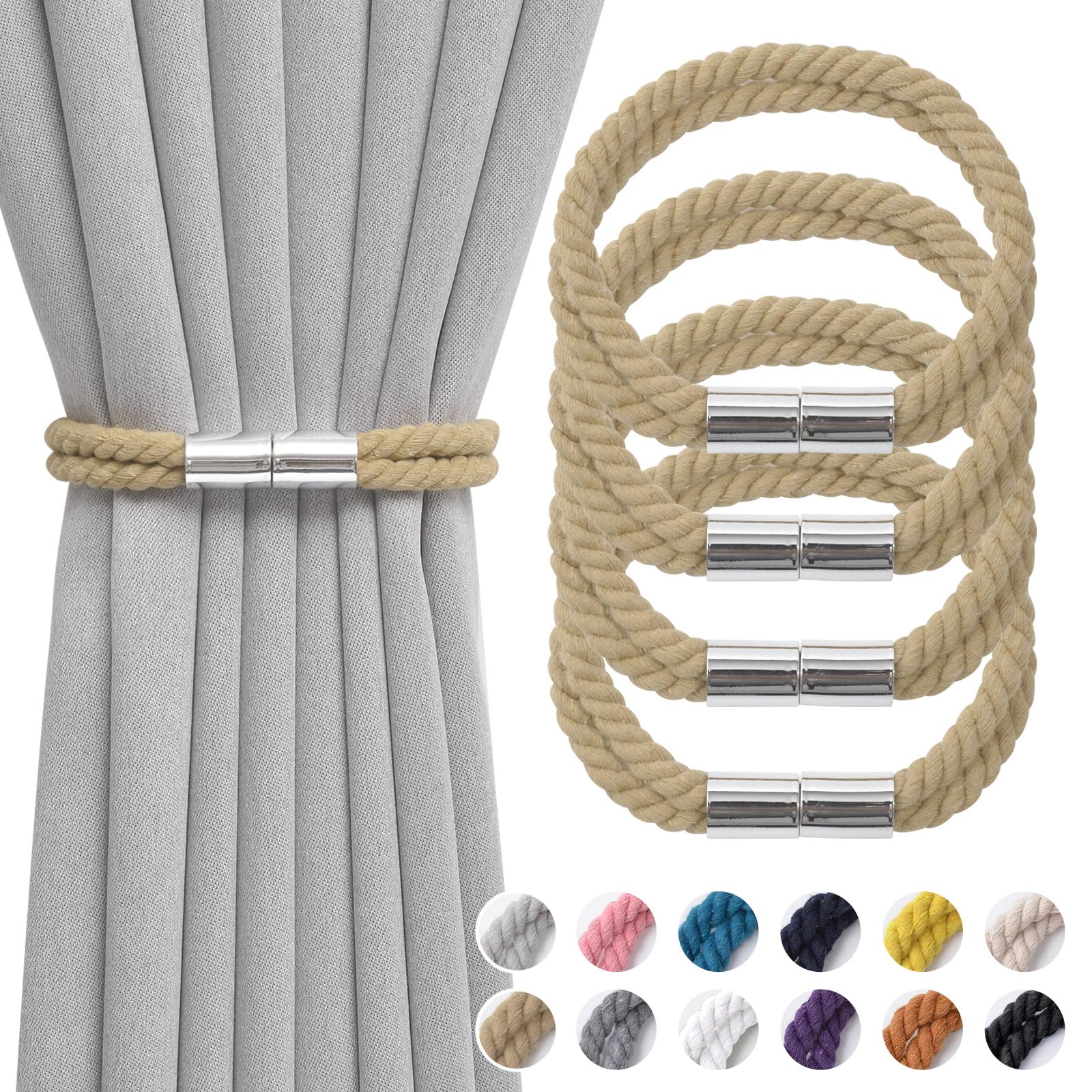 Pretty Jolly 4 Pack Strong Magnetic Curtain Tiebacks Boho Decoration Drape Tie Backs Natural Cotton Handmade Double Rope Curtain Holdbacks for Thin or Thick Home Office Window Drapery (Dark Beige 4)