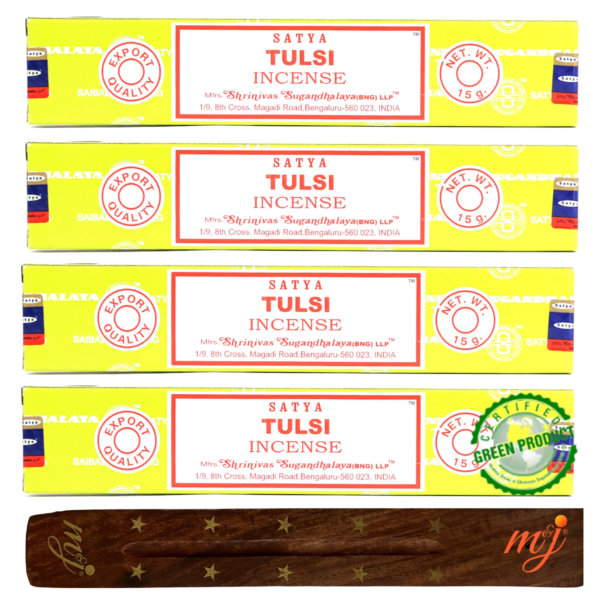 Original Satya Nag Champa Tulsi Incense Sticks | with M&J incense sticks holder | x4 pack | for Aromatherapy, Spa, Yoga, Weddings, Meditation, Healing, Positivity and Relaxation — image 1