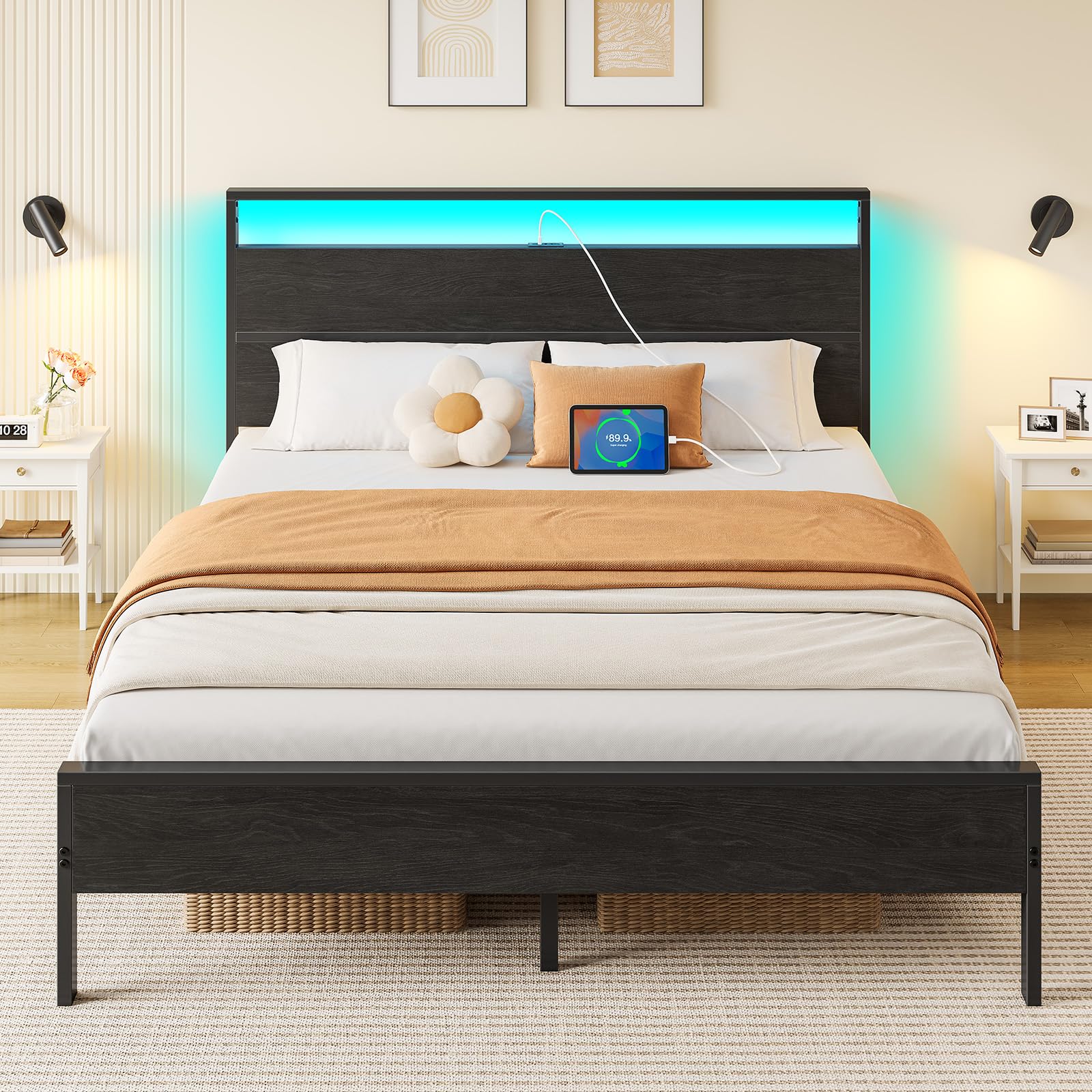 Photo 1 of Rolanstar Queen Bed Frame with Headboard, Bed Frame Queen with LED Lights, Camas Queen Size Bed with Charging Station, Solid Metal Slats, Noise Free, No Box Spring Needed, Black