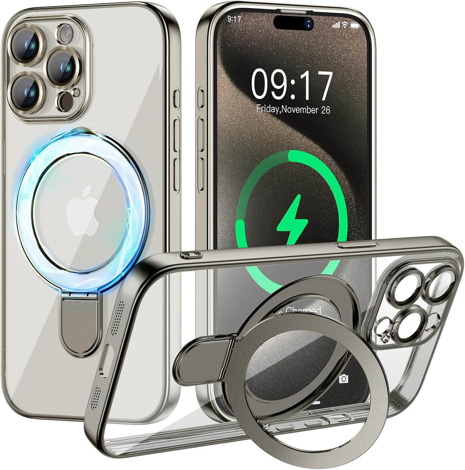Photo 1 of Pmteyoim Magnetic for iPhone 15 Pro Case with Invisible Stand[Compatible with MagSafe][Full Camera Lens Protector][Military Drop Protection] Shockproof Not Yellowing Clear Soft Slim for Women Men