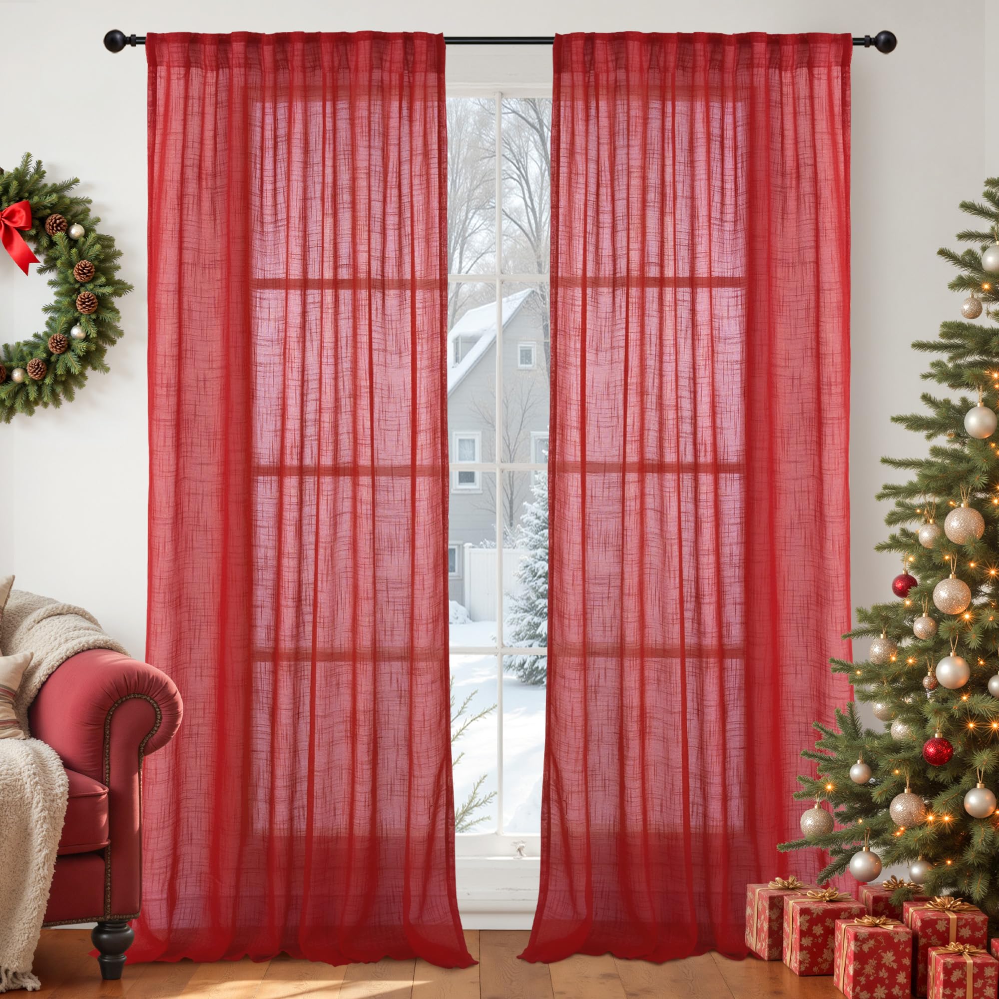 YoungsTex Red Linen Semi Sheer Curtains 95 Inch Length - Light Filtering Drapes with Back Tab Rod Pocket Lightweight for Dining Living Room Window, 2 Panels, 52 X 95 Inch Image