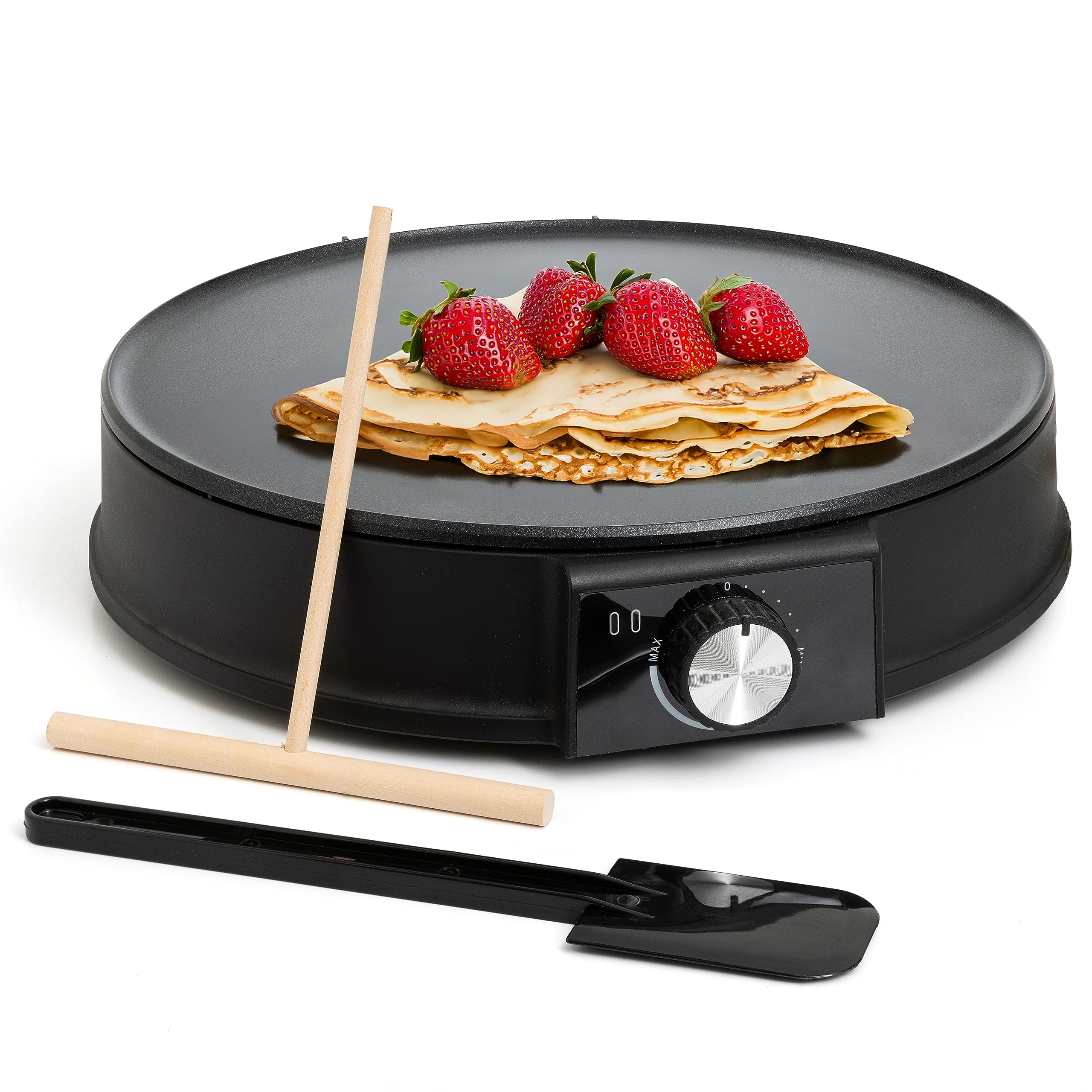 Photo 1 of Moss & Stone 12 Inch Electric Griddle & Crepe Maker Machine. Electric Crepe Maker with Adjustable Temperature for Blintzes Pancakes & Tortilla, Non-Stick Crepe Pan & Batter Spreader & Spatula