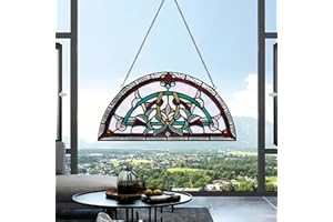 YOURANJU Simplicity Half Moon Stained Glass Window Hanging Tiffany Baroque Style 16" x 8" Half Round Window Panel Living Room Bedroom Kitchen Window Decor Hangings with Chain