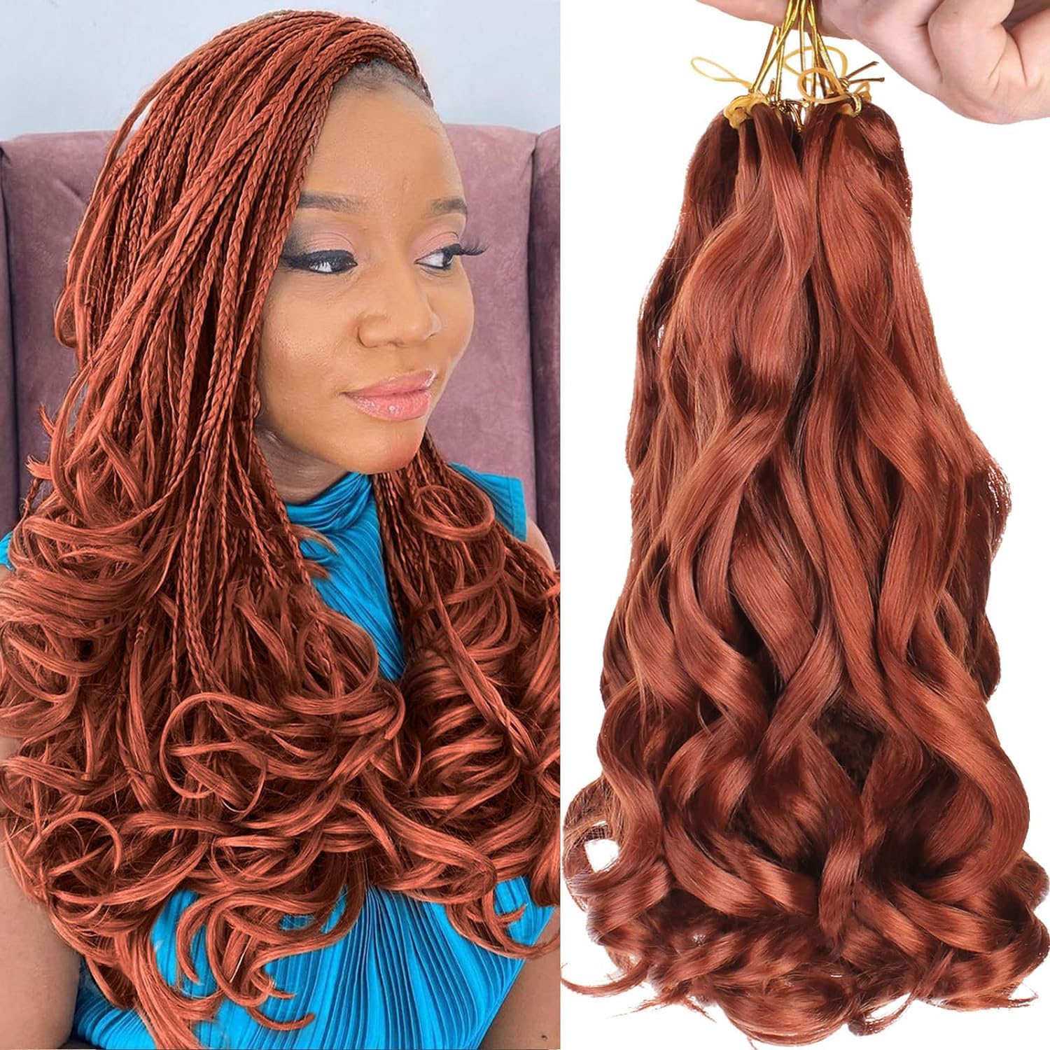 Xtrend 10 Inch French Curly Bouncy Braiding Hair - Pre-curled Curls Braids Loose Wave with Curly Ends for Goddess Box Braids - 8 Packs Cooper Red - 350# — image 1
