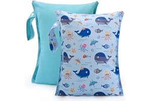 eaxin 2pcs Cloth Diaper Mess-proof Wet Bags,Waterproof Reusabel Travel Storage Stroller Daycare Soiled Baby Items Beach Pool Yoga Gym Bag for Wet Toddler Swimsuits -Dolphin,Blue