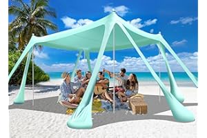 Ahititi Beach Tent Sun Shelter Beach Canopy Tent Sun Shade Pop Up 10x10 UPF50+ with 8 Sandbags-2 Sand Shovel-Portable 4 Aluminum Poles-Ground Pegs-Easy Setup for Outdoor Family Camping Fishing Picnic