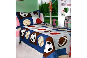 ELEGANT HOME DECOR Elegant Home Multicolor Sports Soccer Basketball Baseball Football Design 2 Piece Coverlet Bedspread Quilt for Kids Teens Boys # 18-07 (Full Size)