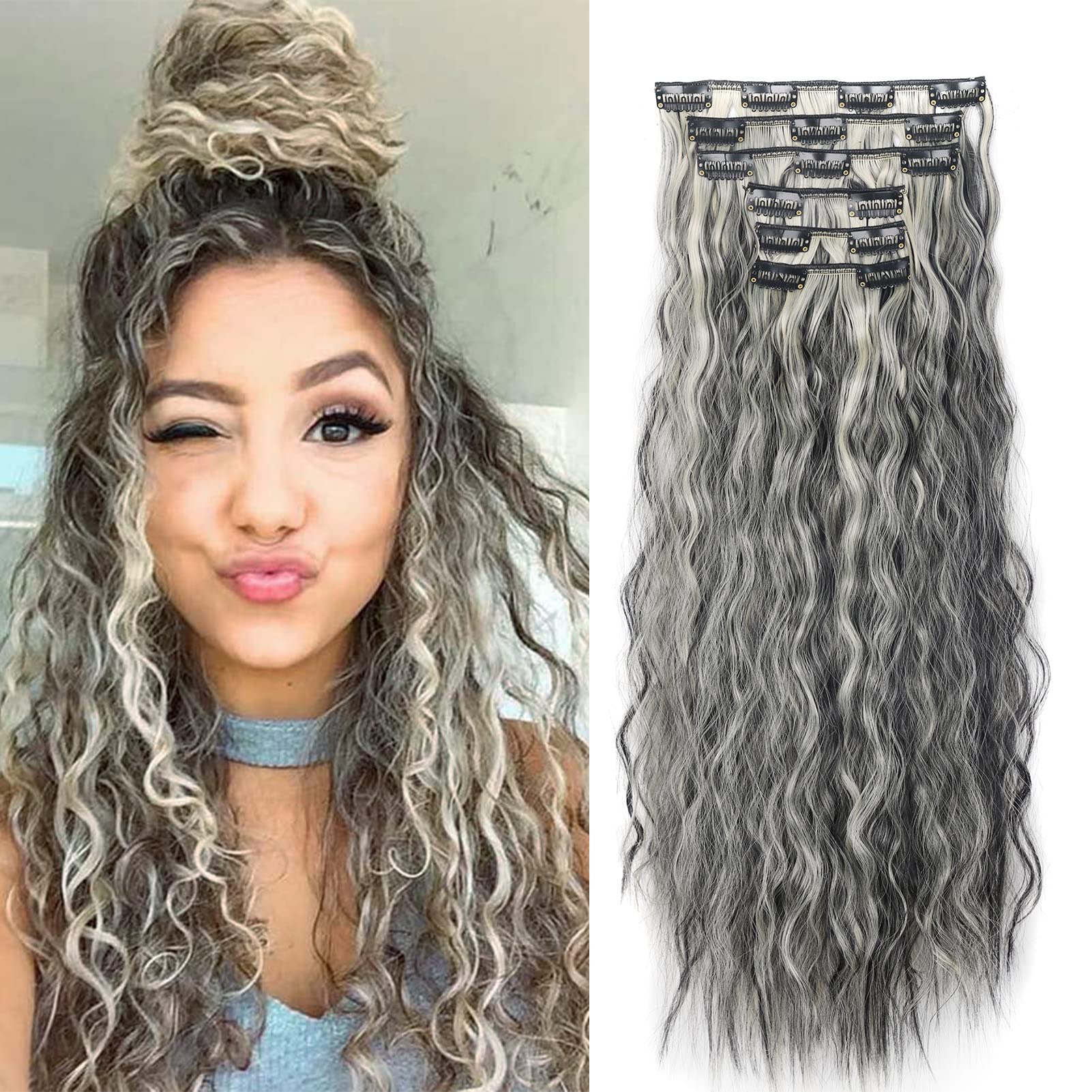 Gairyan Clip in Hair Extensions Curly Wavy Long Hair Pieces 6PCS Full Head Synthetic Hair Extension Thick Natural Look for Women, 20 Inches 140g, Black & Bleach Blonde