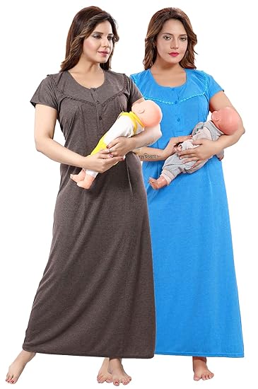 Multicolored Cotton Women Maternity Nighty for Feeding (Pack of 2) - Free Size