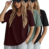 Huukeay 3 Pack Women's Oversized Cotton T-Shirts V Neck Loose Fit Casual Workout Tees Soft Short Sleeve Tops