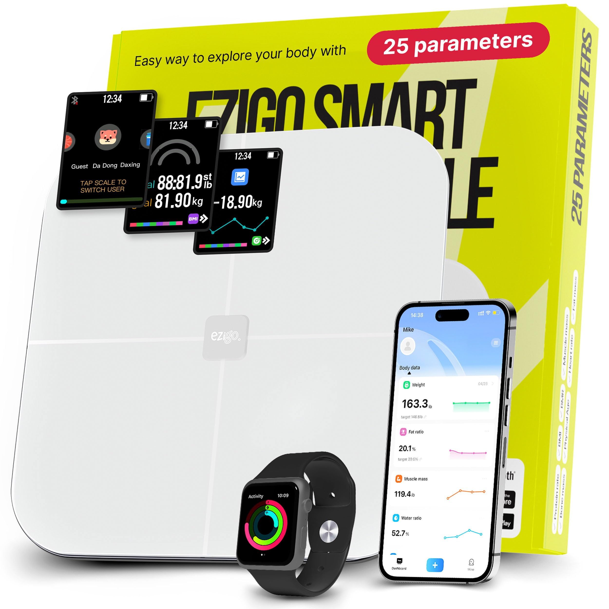 Photo 1 of Professional 25 Metrics Smart Scale for Body Weight with BMI, Body Fat, Muscle Mass, Digital Weight Composition Scale Body Fat Percentage Mass, Bluetooth, Apple Health Compatible Fitness App, 400lb