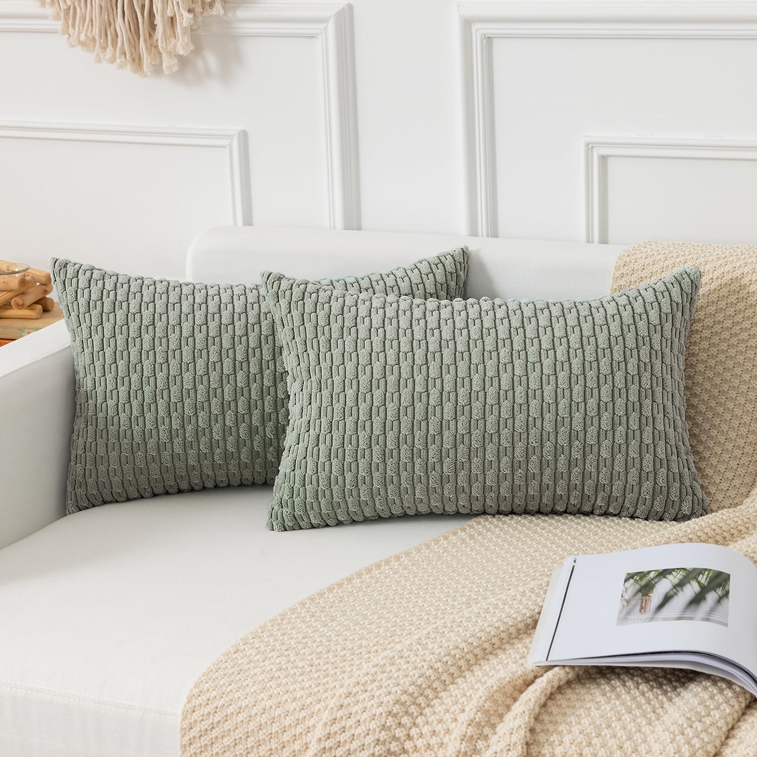 Photo 1 of Kevin Textile Throw Pillow Covers Soft Corduroy Decorative Set of 2 Boho Striped Pillow Covers Pillowcases Farmhouse Home Decor for Couch Bed Sofa Living Room 12x20 Inch Greyish Green