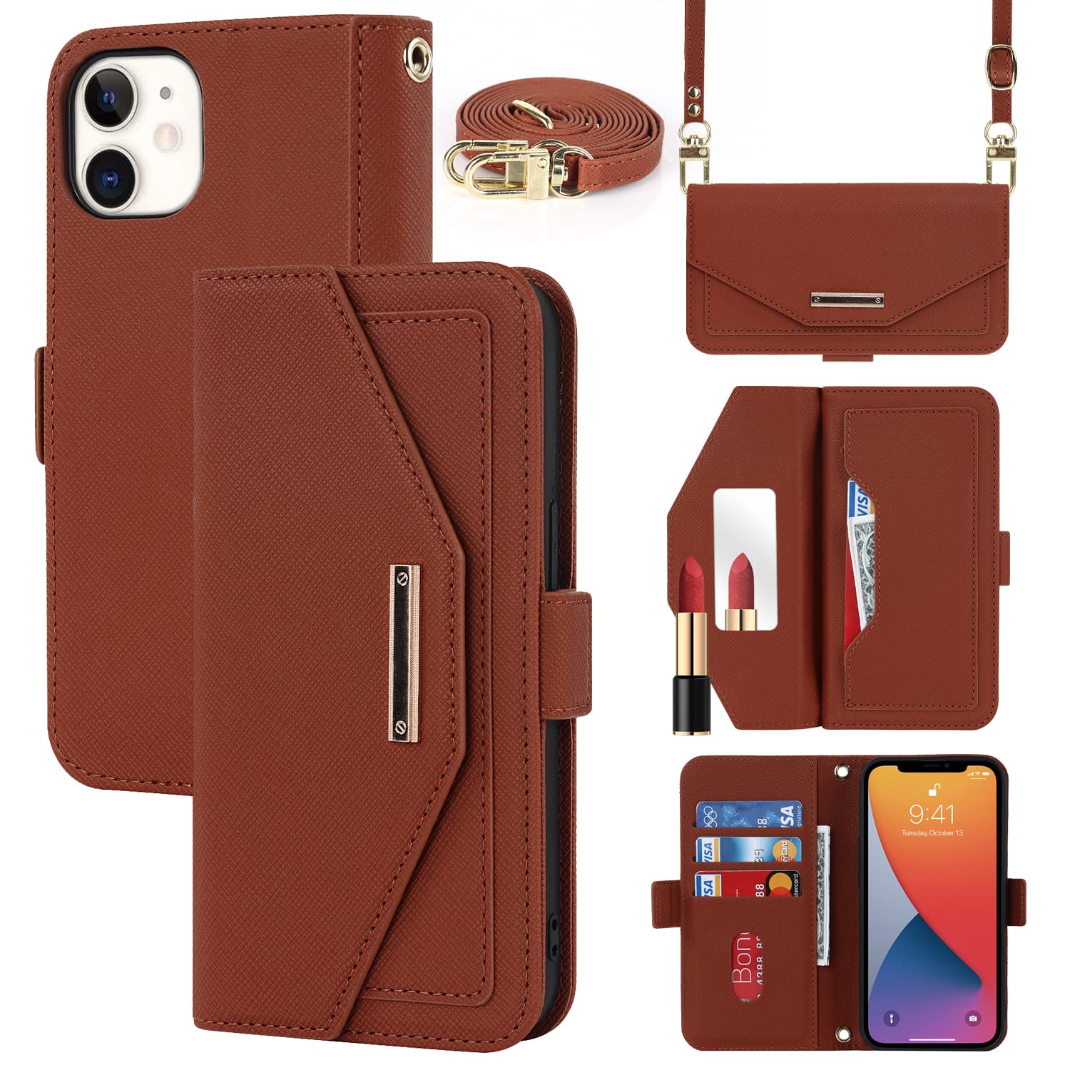 Cavor Case compatible with iPhone 12/12 Pro Phone Case With Strap,Crossbody Flip Leather Wallet Case,[5 Card Holder][Mirror][Magnetic],Lanyard Case Cover for women - Brown