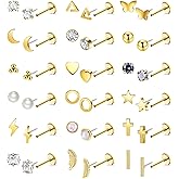 LOREMOW 20G 18Pairs Surgical Steel Threadless Stud Earrings for Women Men Hypoallergenic CZ Flatback Earrings Star Moon Cartilage Helix Tragus Lobe Stud Earring Set for Multiple Piercing