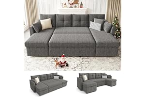 Huatean Home Oversized Sleeper Sofa Couch, 110 inch 2 in 1 Pullout Couch Bed with Double Storage Chaise, Sectional Sleeper Sofa Bed with Side Pocket for Living Room, Dark Grey