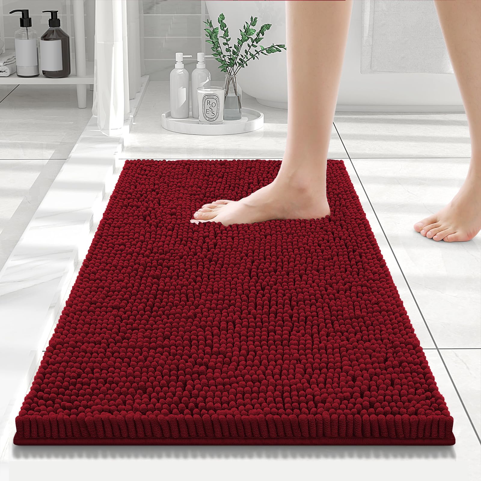 Photo 1 of Smiry Luxury Chenille Bathroom Rugs 24x16, Extra Soft and Absorbent Shaggy Bath Mat, Machine Washable, Non-Slip Plush Carpet Runner for Tub, Shower, and Floor, Home Decor Accessories, Red
