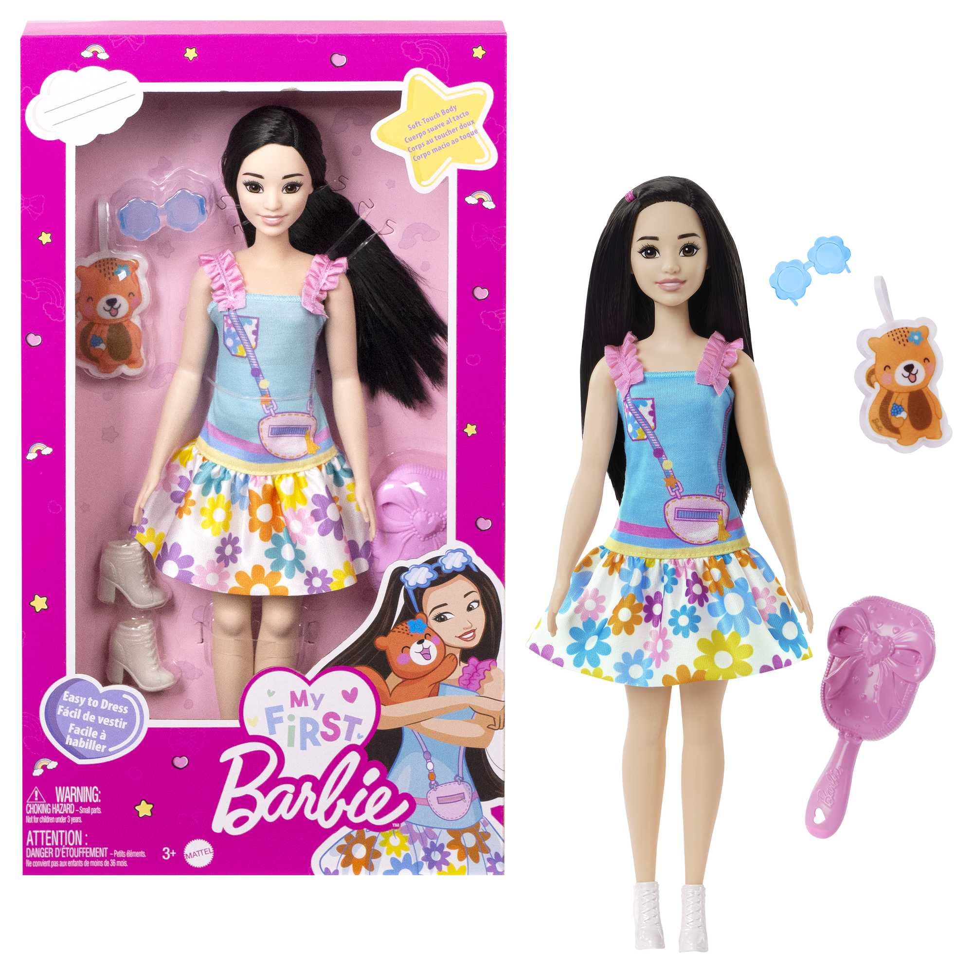 Barbie Doll for Preschoolers, My First Renee Doll, 13.5 Inch doll, Black Hair, Kids Toys and Gifts, Plush Squirrel, Accessories, Soft Poseable Body, from 3 Years, HLL22