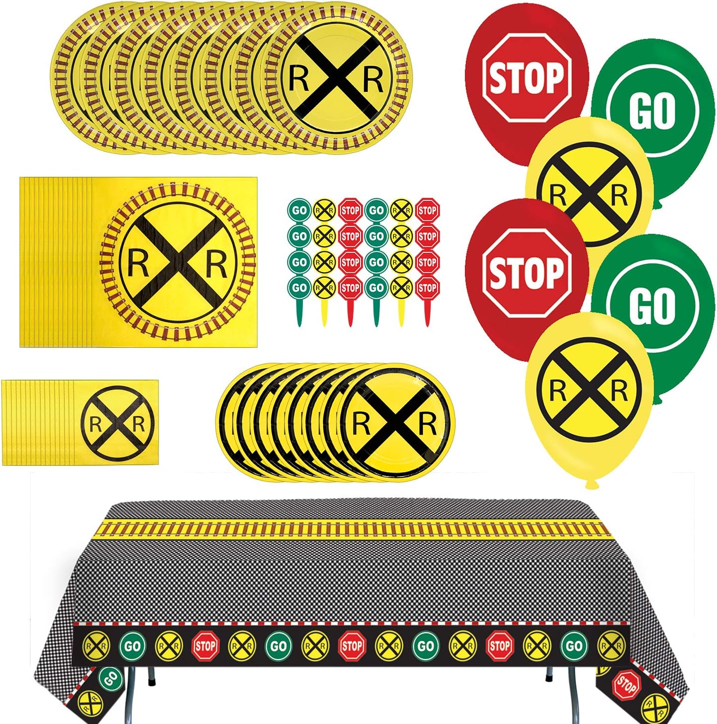 Havercamp Railroad Party Bundle | Dinner & Dessert Plates, Luncheon Napkins, Table Cover, Balloons, Picks | Great for Kid's Birthday Party, Train Collector's Event