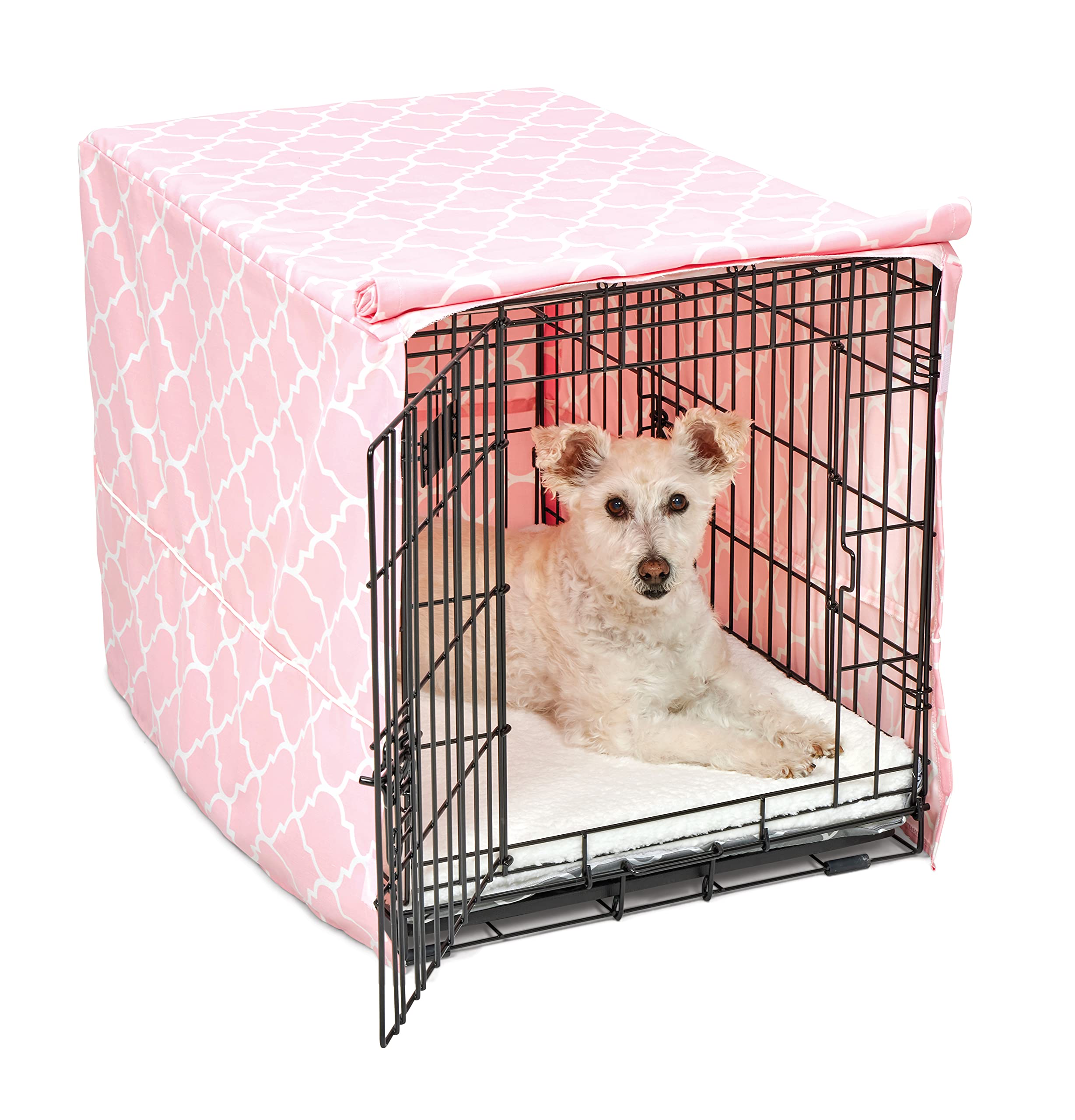 New World Medium Dog Crate Cover Featuring Teflon Fabric Protector, Poly-Cotton Privacy Kennel Cover Fits Most 76cm Crates, Pink Designer Print, Machine Washable, Reduces Barking