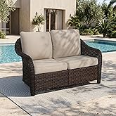 Qsoer 55 inch Outdoor Wicker 2 Seater Sofa, All-Weather Use Patio Rattan Loveseat with Seat and Back Cushion, Ideal for Porch, Backyard, Balcony, Poolside, Beige