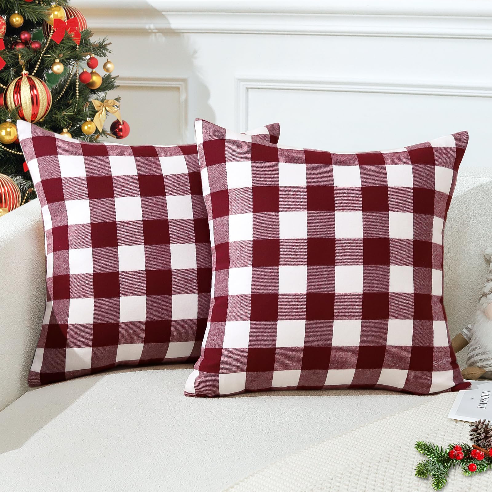 JOTOM Christmas Plaids Tartan Linen Throw Pillow Covers Buffalo Check Plaids Cushion Cover for Home Sofa Car Decorative Pillowcases Set of 2 60 x 60cm (Red and White)