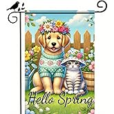 BlissYard Hello Spring Garden Flag 12 x 18 Inch Double Sided Cute Dog and Cat Yard Flag Seasonal Welcome Spring Outdoor Flag Outside Patio Farmhouse Yard Decoration