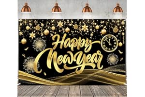 XtraLarge Happy New Year Banner - 72x44 Inch Happy New Year Backdrop for Black Gold, New Years Eve Party Decorations Supplies