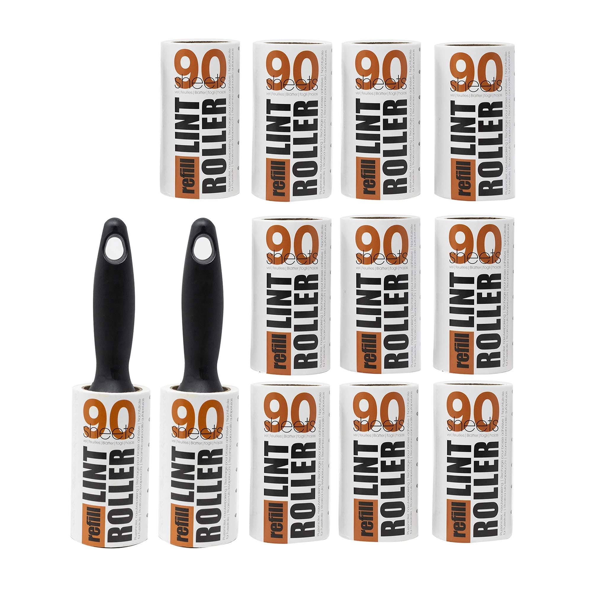 Redberry 1080 Sheet LINT Roller and Refill Set - 2 x Roller Handles & 12 x 90 Sheet Rolls - Less Than 2 Pence per Sheet - for Removal of Lint, Fluff and Pet Hair from Clothes, Carpets and Furniture